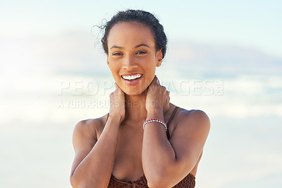 Buy stock photo Relax, portrait and happy woman at beach on summer vacation, holiday or travel outdoor in Mauritius. Face, girl and smile by sea water for adventure of laughing tourist on tropical island in nature