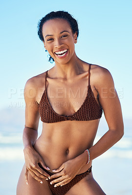 Buy stock photo African portrait, bikini and woman at sea for summer vacation, travel adventure and wellness in nature. Female person, happy smile and swimwear for beach holiday, tropical island and peace in Cairo