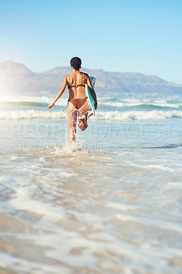 Buy stock photo Running, woman and surfer in ocean water on summer vacation, holiday or travel. Surfboard, bikini or back of girl at sea outdoor for fitness exercise, sport or workout for adventure on tropical waves