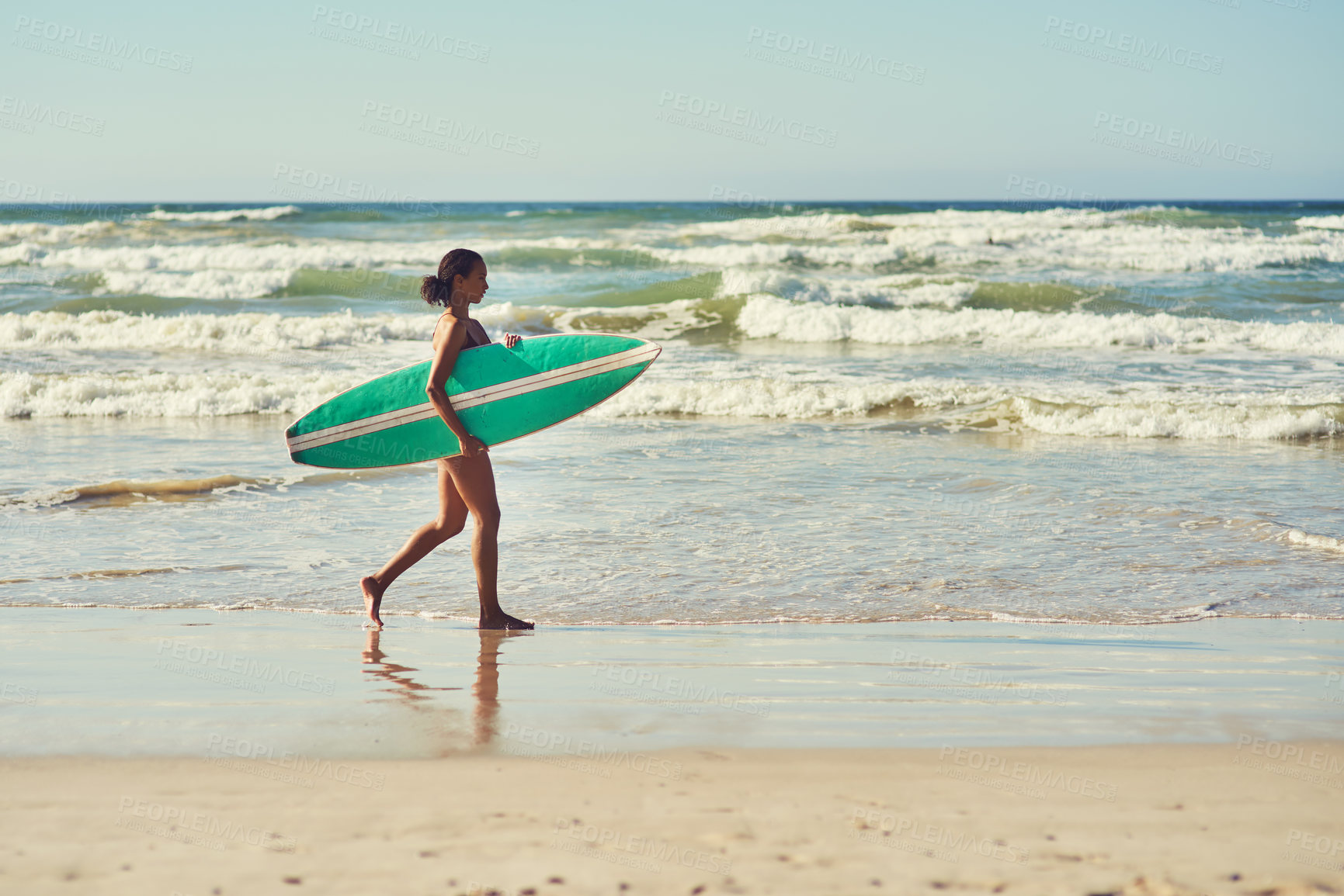 Buy stock photo Walking, woman and surfer at beach on holiday, summer vacation or travel outdoor. Surfboard, bikini or girl at sea for fitness exercise, water sport or workout for adventure with tropical ocean waves