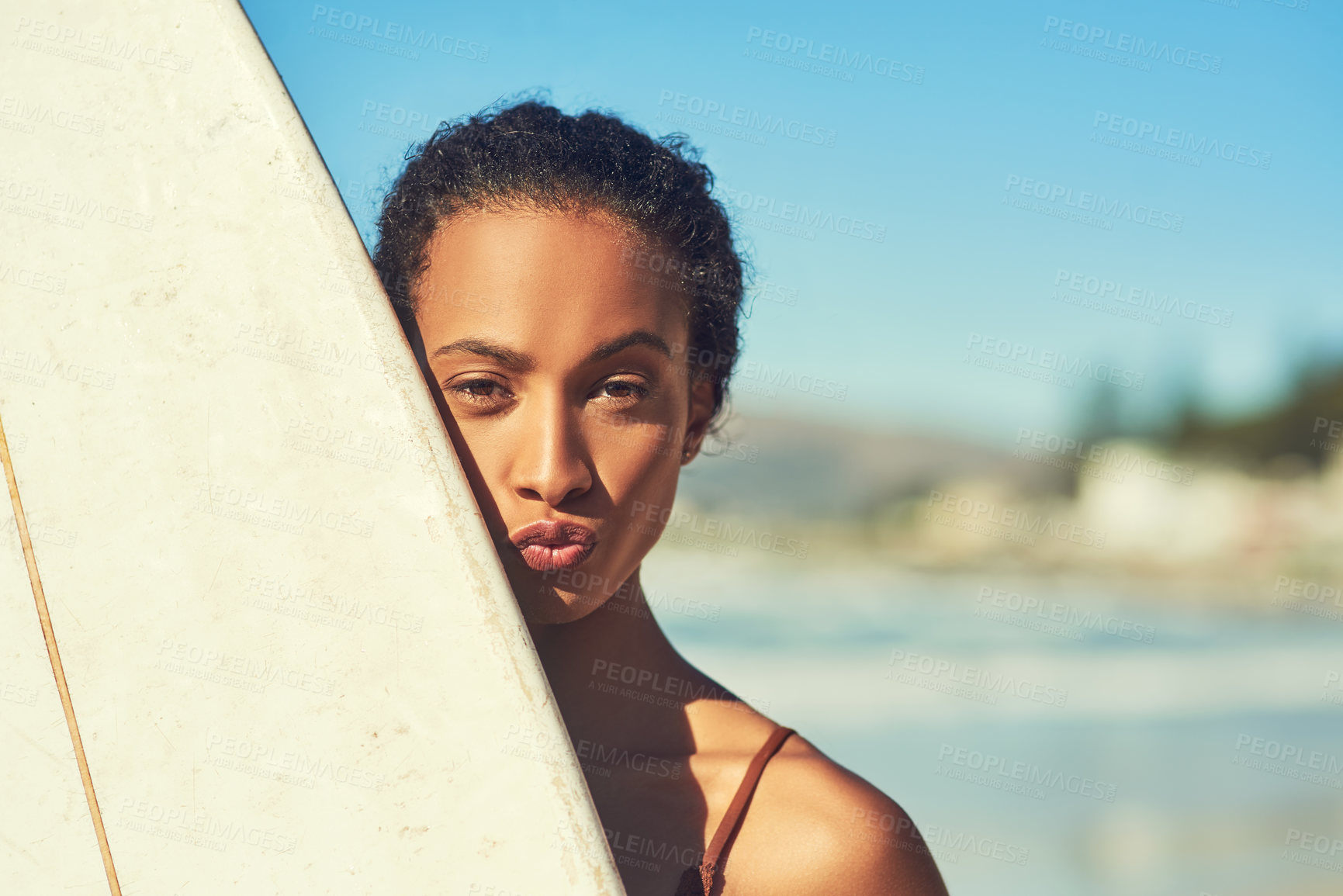 Buy stock photo Portrait, surfer and woman at beach on summer vacation, holiday and travel. Surfboard, face and tourist at ocean outdoor for fitness, exercise and girl pout on adventure in Mauritius for water sport