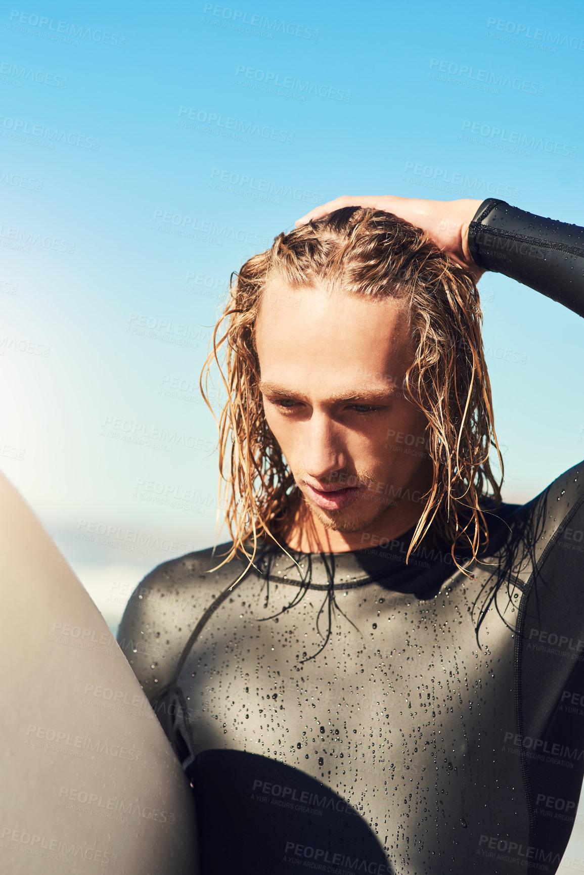 Buy stock photo Fitness, surfing and man with surfboard at a beach for summer, sports or workout, fun or adventure in nature. Water, hobby and male surfer at ocean with freedom, travel and vacation break in Canada