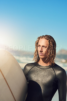 Buy stock photo Man, thinking and board for surfer at sea, workout and training for water sports on island. Male person, mockup space and travel to ocean or water for wave, planning and serious athlete for exercise