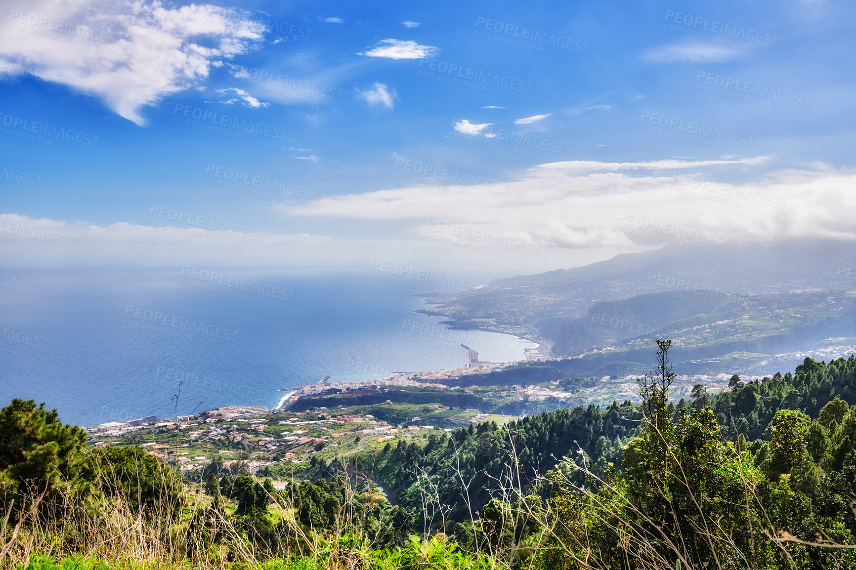 Buy stock photo Scenic landscape of the mountains, a pine forest and the ocean with blue sky copy space in the remote area of La Palma, Canary Islands, Spain. View of lush mother nature and wild flora from above