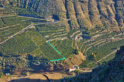 Buy stock photo Above view of banana plantations on agriculture island in Los Llanos, La Palma, Spain. Landscape of wide cultivated land or tropical fields with lush green vegetation on rocky hills or mountains