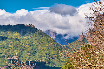 Buy stock photo Rocky landscape of mountains, hills and leafless trees in the remote area of La Palma, Canary Islands, Spain. Scenic view of mother nature, cloudy sky and flora. The calm and beauty of nature