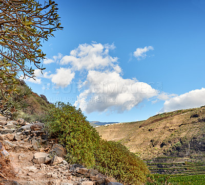 Buy stock photo Mountain trails on La Palma, the west coast, Canary Island, Spain, Aerial view