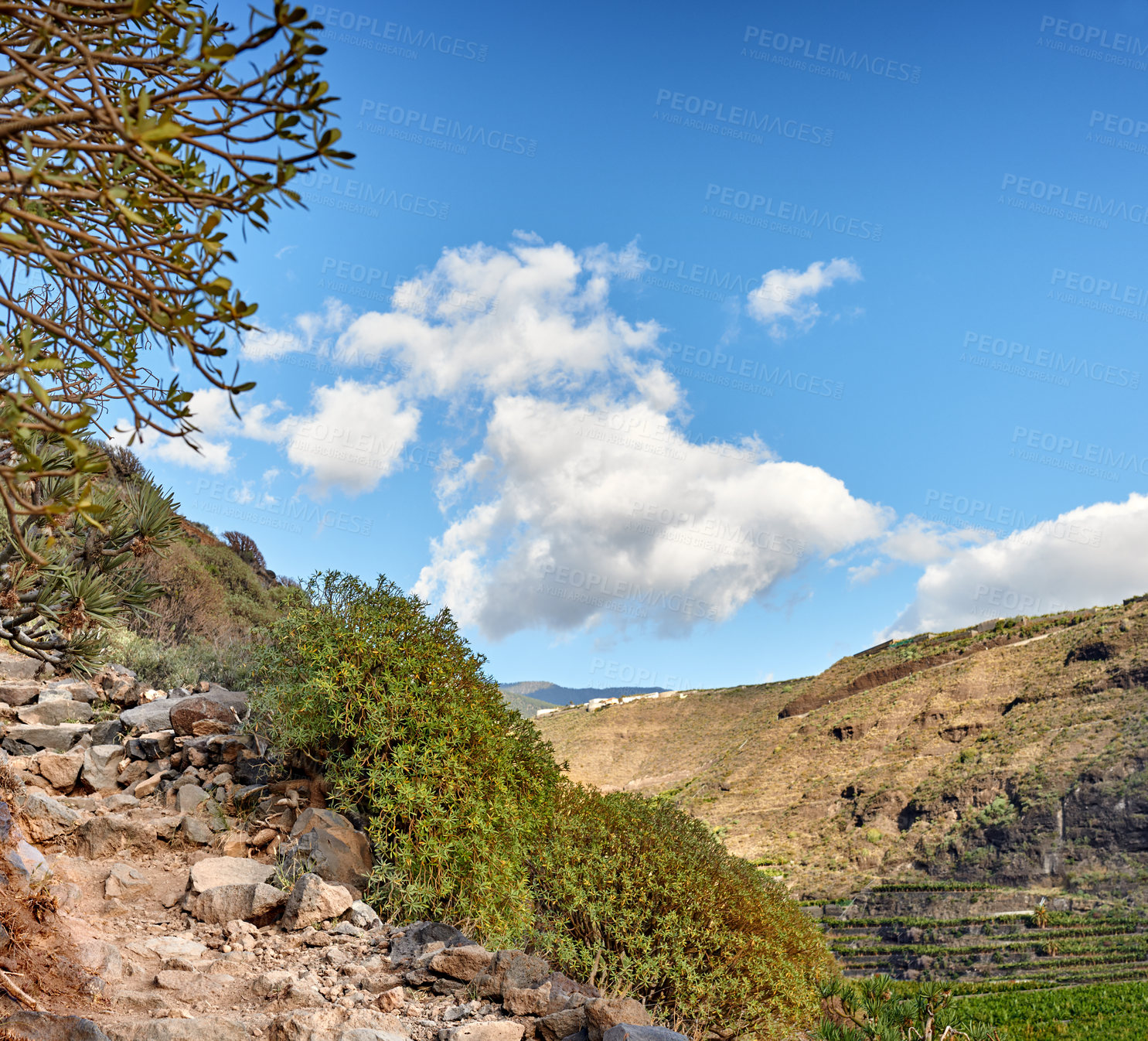 Buy stock photo Mountain trails on La Palma, the west coast, Canary Island, Spain, Aerial view