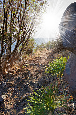 Buy stock photo Sunshine, nature and sea with trail on mountain for hiking, adventure and environment with view. Explore, sustainability and lens flare with path and rocks for travel destination, stone and vacation