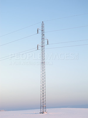 Buy stock photo A photo of electricity lines in winter landscape