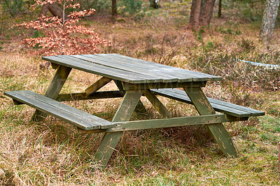 Buy stock photo Wooden bench and table in a remote meadow for a picnic in the forest outside. Seating furniture in a park to enjoy a meal at while taking a break and rest from camping, hiking or exploring the woods