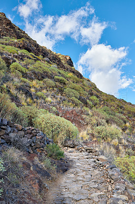 Buy stock photo Mountain trails on La Palma, the west coast, Canary Island, Spain, Aerial view