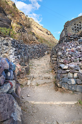 Buy stock photo Mountain, ruins and landscape with steps, path and environment with ecology and growth in Spain. Travel, tourism and La Palma with blue sky, countryside and sustainability for outdoor destination