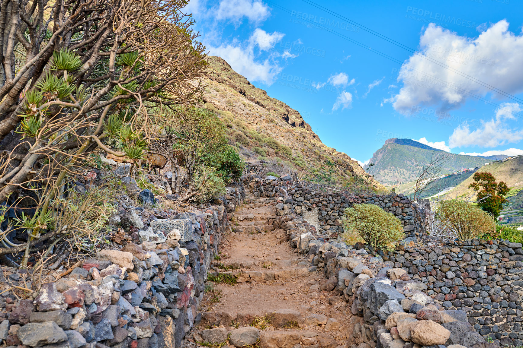 Buy stock photo Mountain trails on La Palma, the west coast, Canary Island, Spain, Aerial view