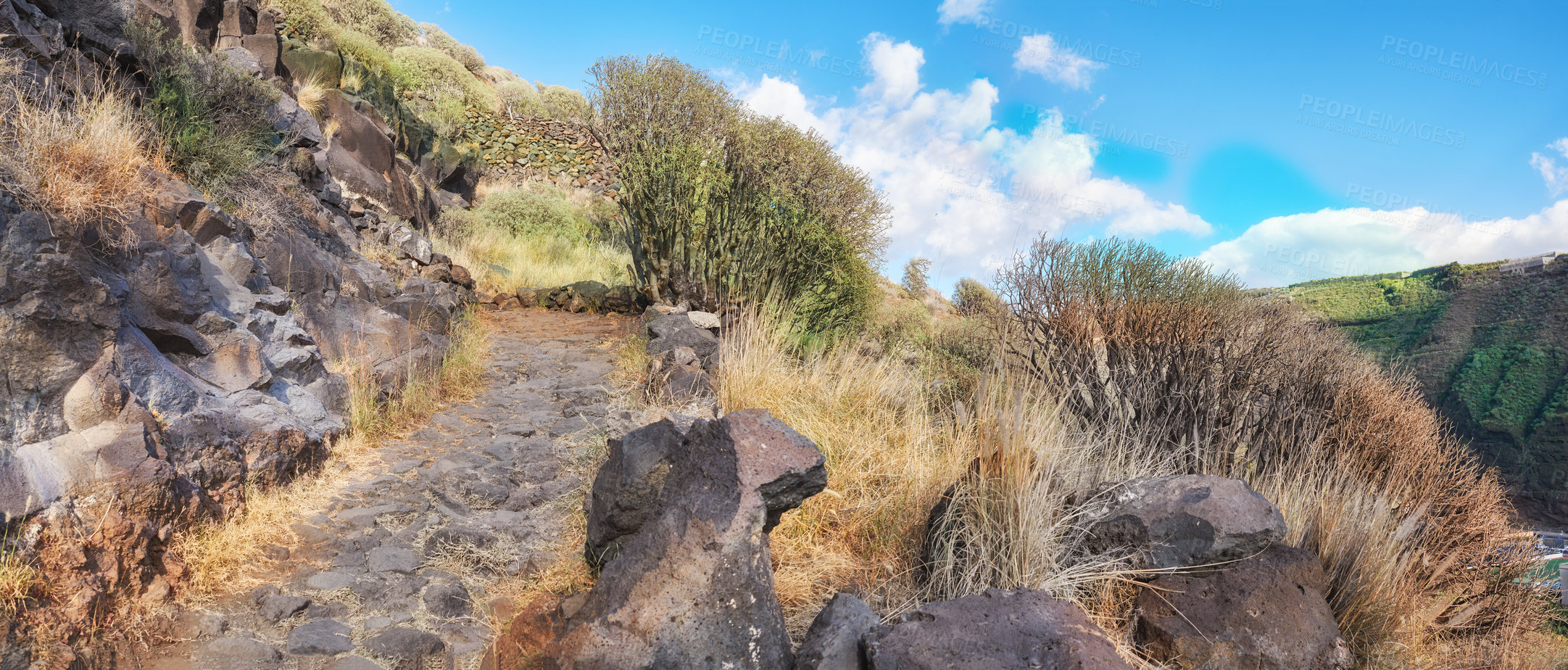 Buy stock photo Mountain trails on La Palma, the west coast, Canary Island, Spain, Aerial view