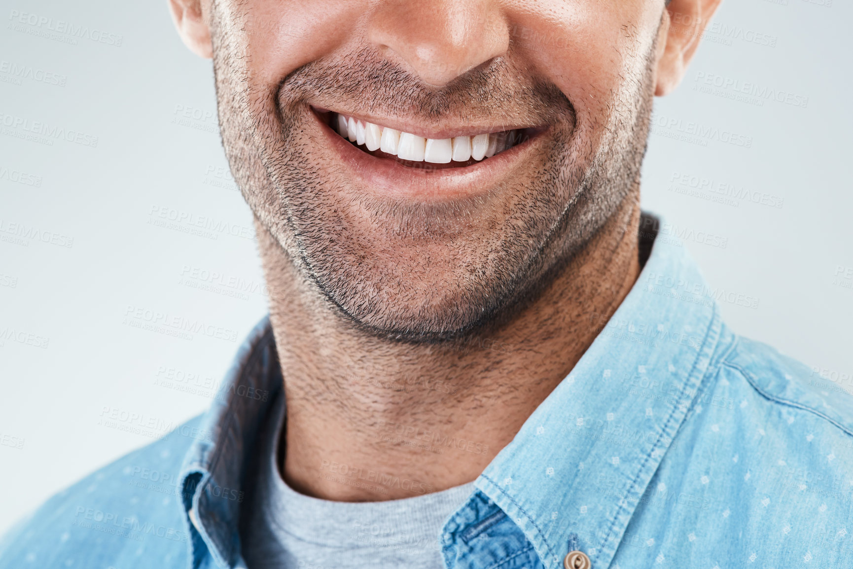 Buy stock photo Closeup, mouth and man with smile, dental hygiene and person on white studio background. Face, model and guy with oral health, wellness and teeth whitening with medical treatment for fresh breath