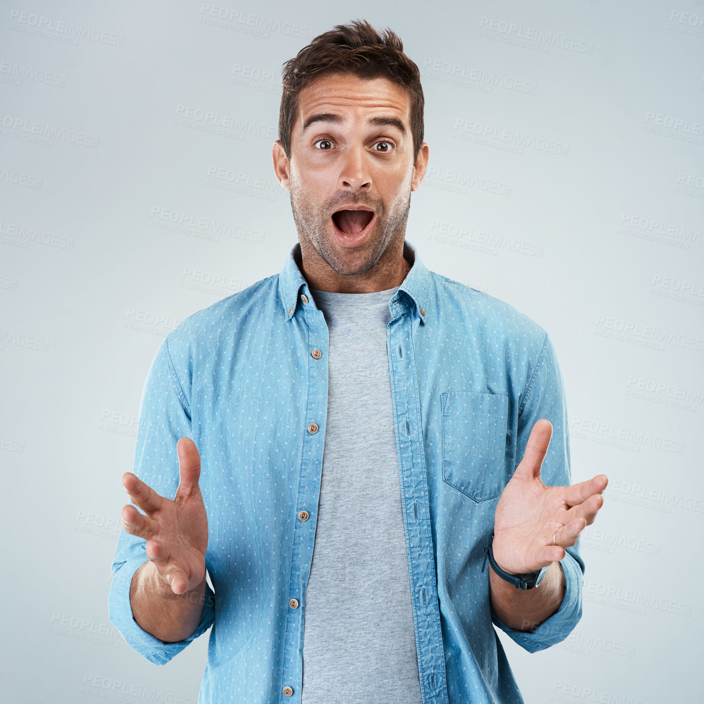 Buy stock photo Happy, portrait and surprise with hand gesture of man in studio on white background for reaction. Good news, omg and wow with facial expression of mind blown person for bonus, victory or winning