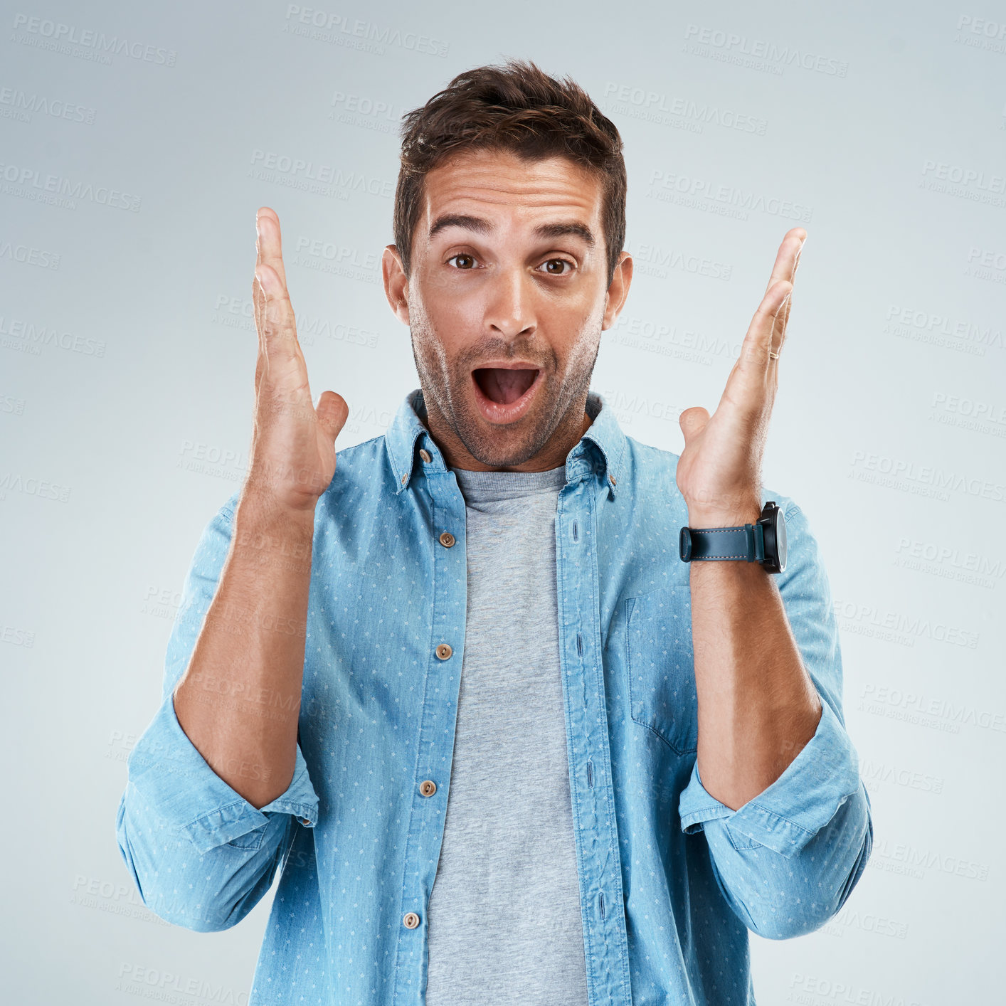 Buy stock photo Happy, portrait and wow with hand gesture of man in studio on white background for reaction. Good news, omg and surprise with facial expression of mind blown person for bonus, victory or winning