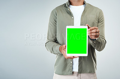 Buy stock photo Green screen, tablet mock up and hands in studio for website, internet and social media. Closeup, ui or ux design for person with technology for advertising, chroma key or app on white background