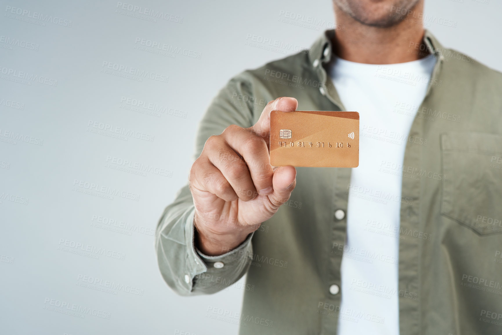 Buy stock photo Hand, studio and show credit card for payment offer, loan or invest isolated on white background space. Debit, closeup or person holding money for finance, budget and savings with bank account number