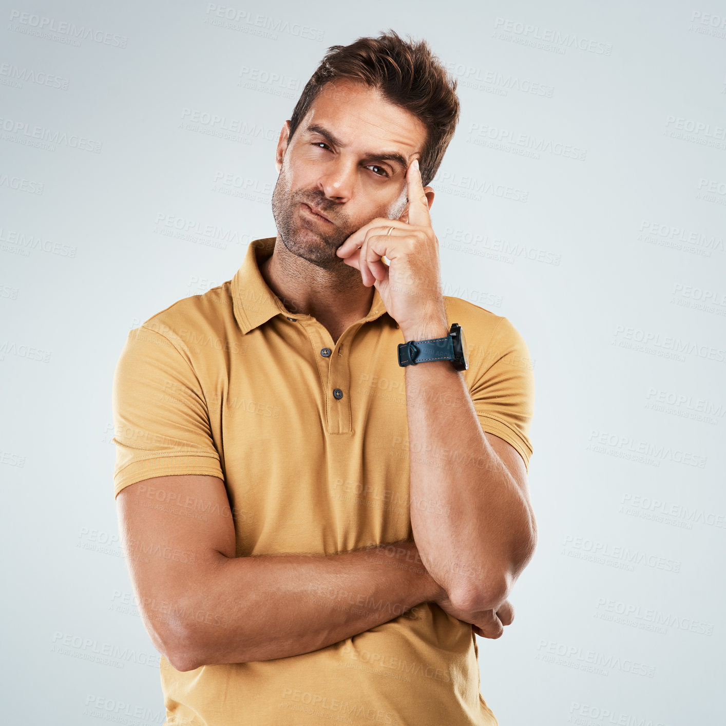 Buy stock photo Puzzled, thinking or portrait of man in studio for decision, choice or creative ideas on white background. Confused, entrepreneur or face with curious mindset for doubt, problem solving and questions