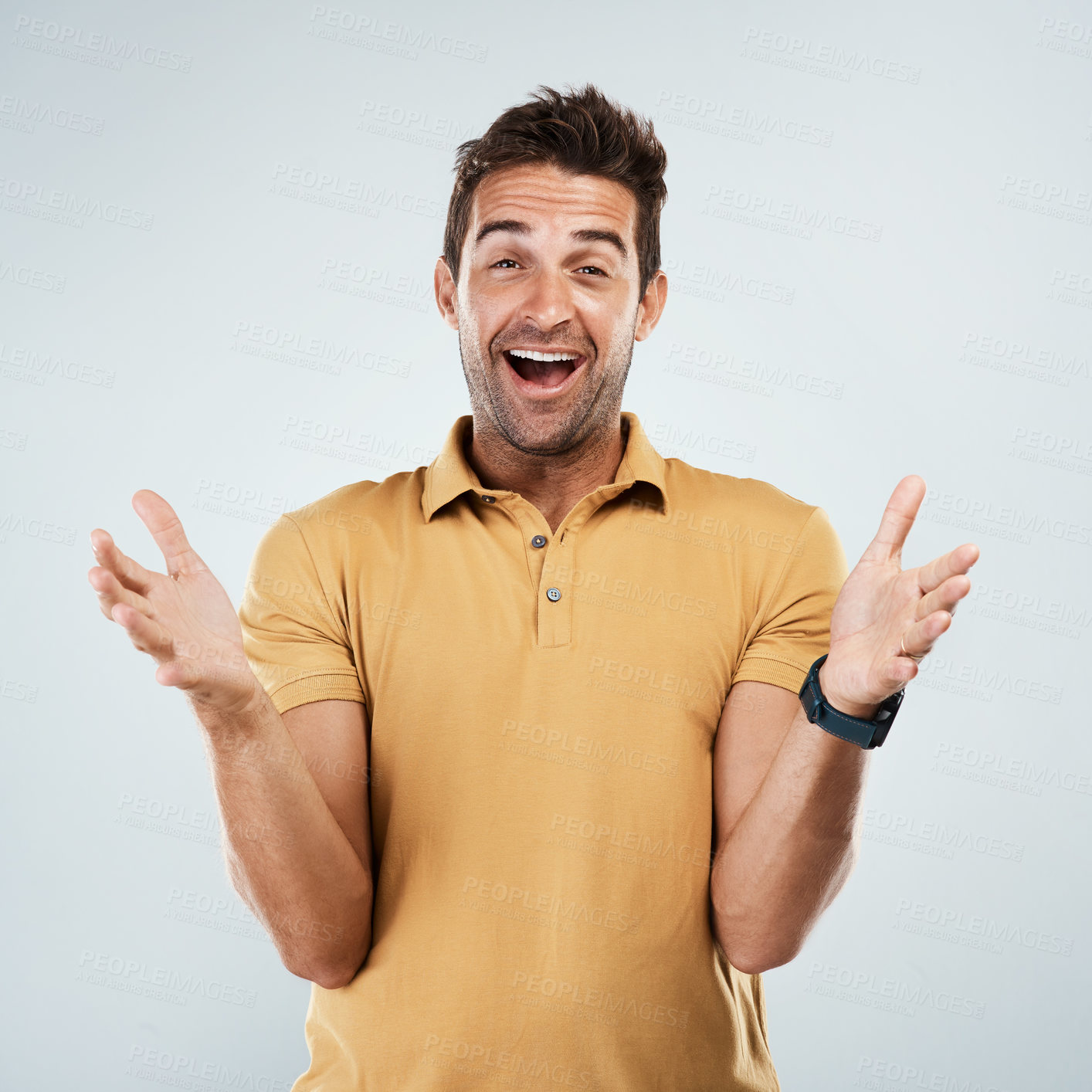 Buy stock photo Surprise, portrait and wow with hand gesture of happy man in studio on grey background for reaction. Good news, omg and shock with facial expression of mind blown person for bonus, victory or winning