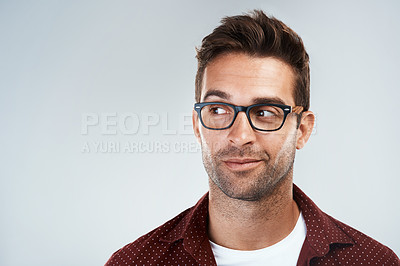 Buy stock photo Face glasses, man and thinking with smile for future idea, problem solving and solution in studio. Male person, eyewear and happy contemplating for choice, decision and reflection by white background