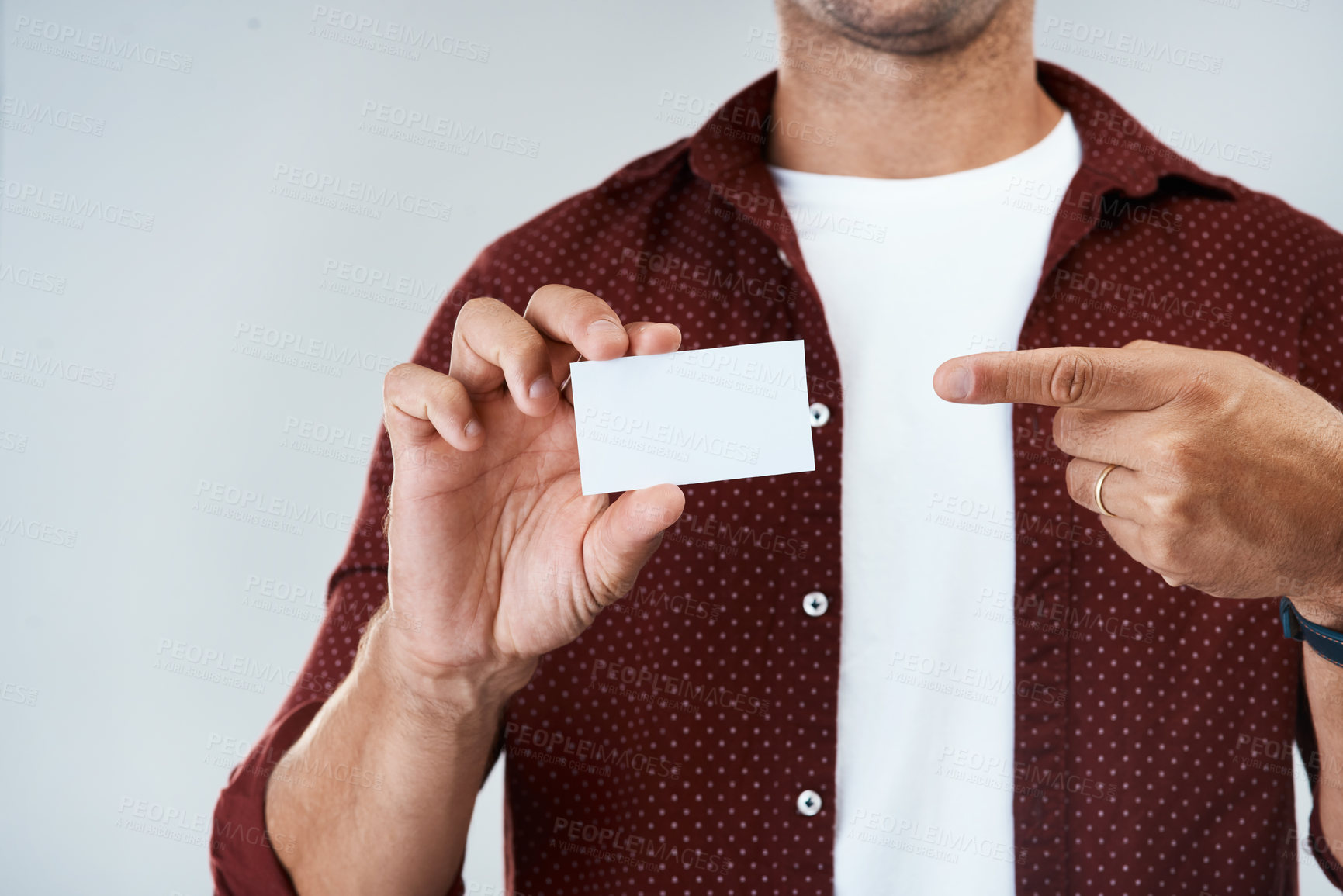 Buy stock photo Mockup, business card and hands pointing in studio for advertising, branding about us or information sign. Closeup of person show space on paper for promotion or contact note on white background