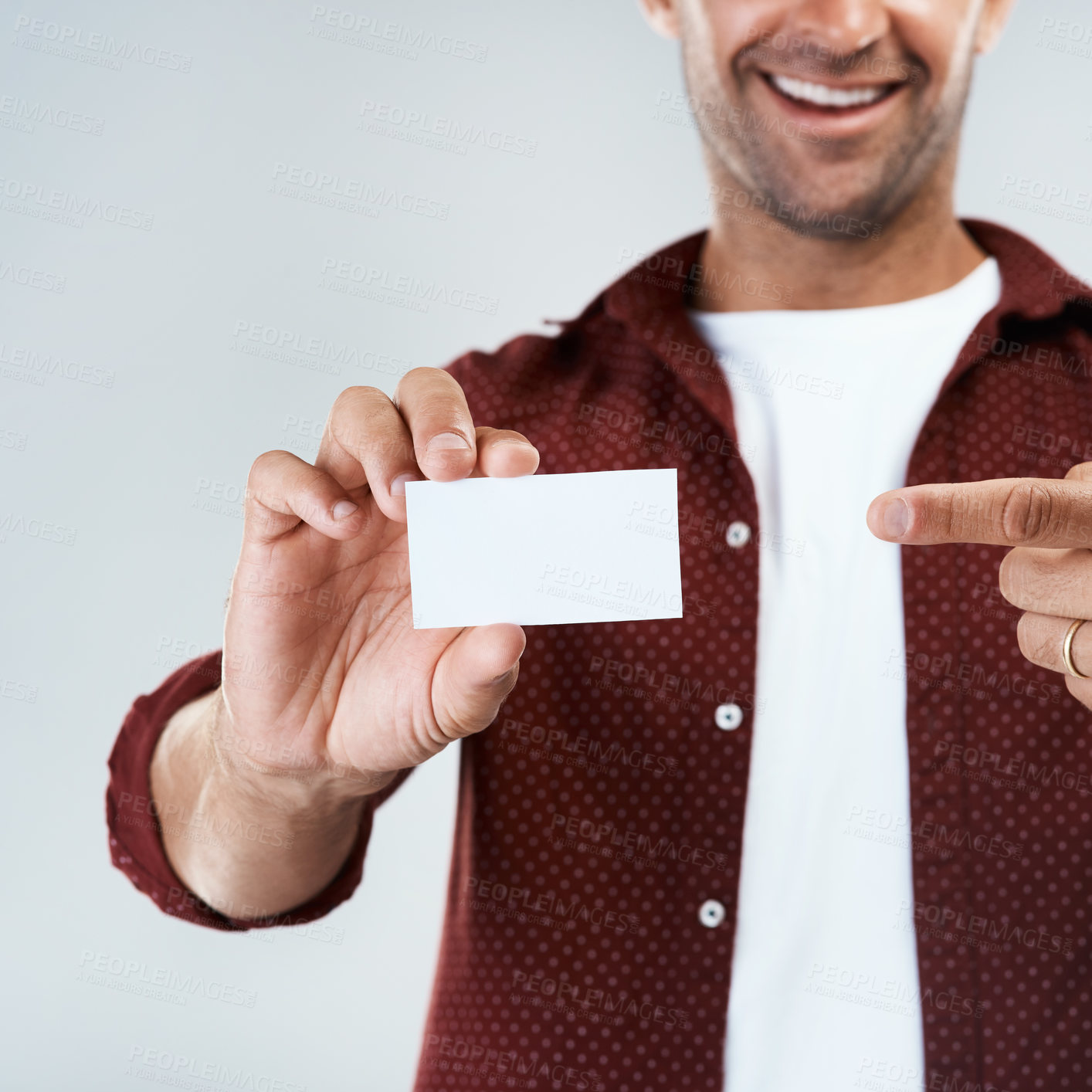 Buy stock photo Happy man, hand pointing and business card in branding, marketing or advertising on studio background. Closeup of businessman with paper or poster for contact information or services on mockup