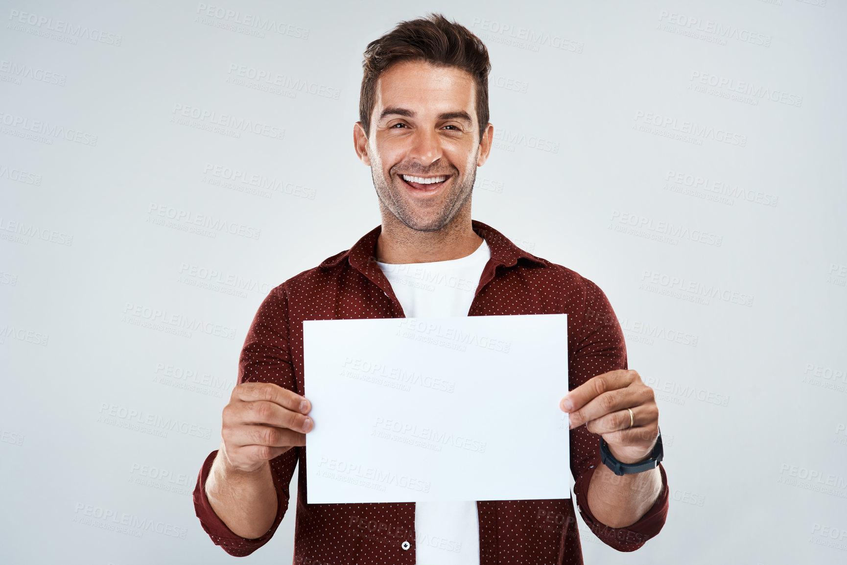 Buy stock photo Happy man, portrait and business sign for branding, marketing or advertising on white studio background. Creative businessman with paper or poster for contact information or services on mockup