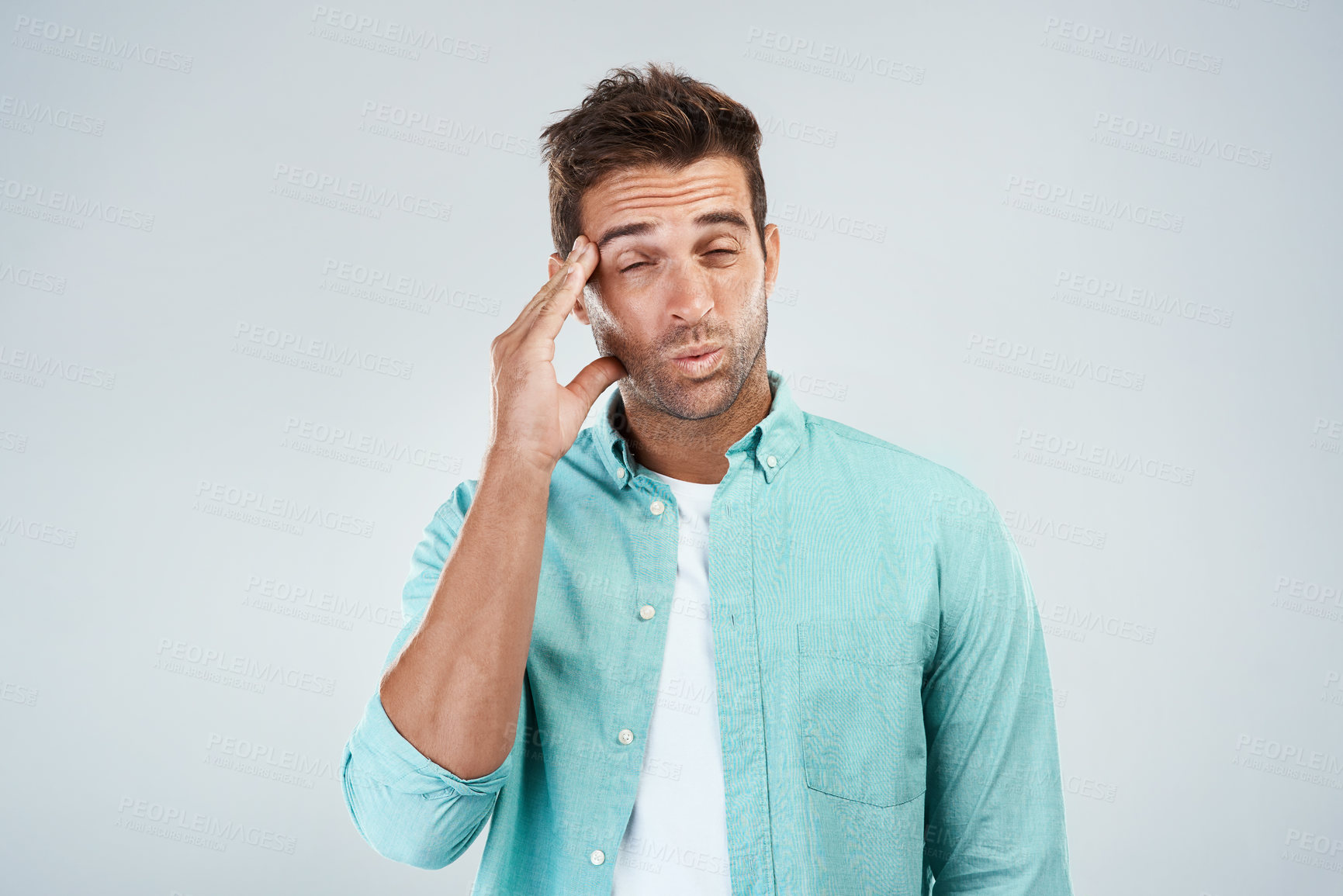 Buy stock photo Man, stress and headache in studio with tension of work or job, burnout and discomfort of head pain. Male person, white background and migraine of fatigue or overworked, report crisis and mistake.