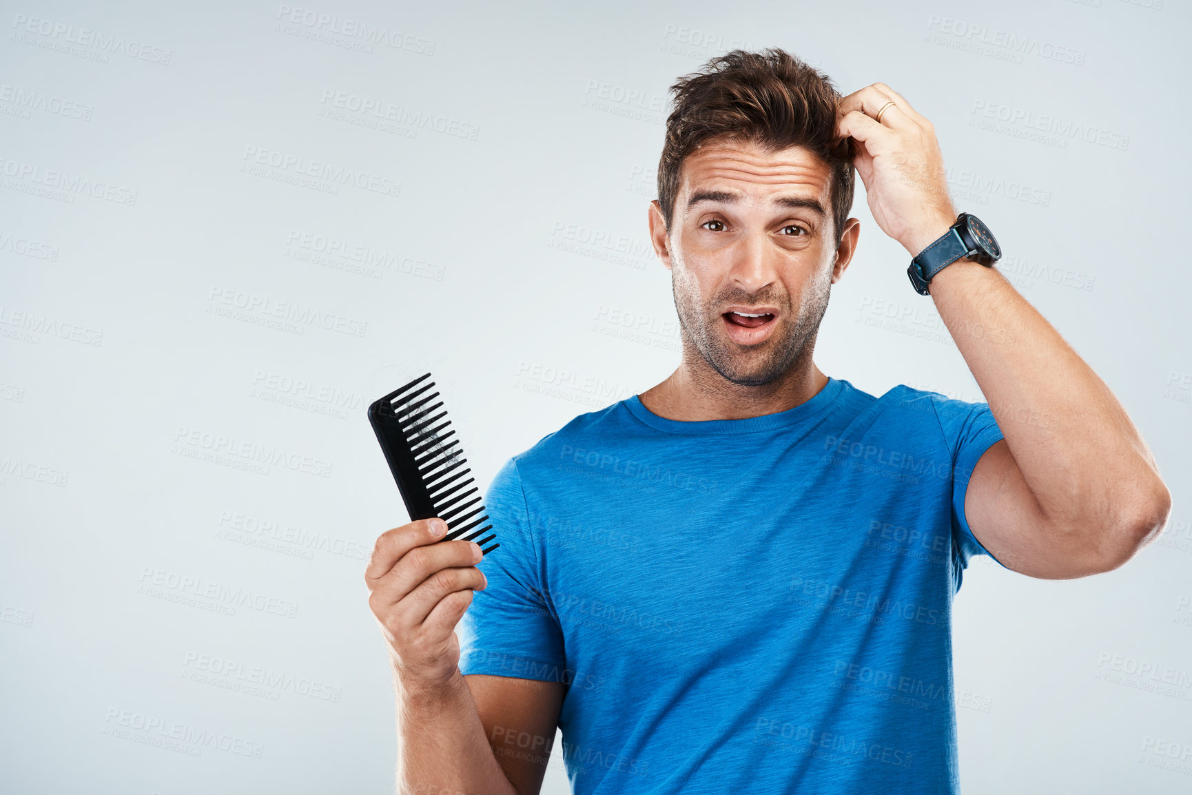 Buy stock photo Portrait, hair care and man with comb, confused and stress on white studio background. Face, person and model with treatment, expression and reaction with concern, worry and frustrated with mistake 