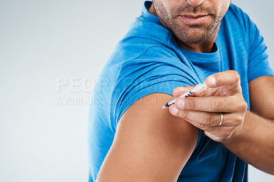 Buy stock photo Arm, man and studio with insulin for diabetes as treatment on white background. Male person, needle and injection for chronic illness with medication for healthcare, medical and wellbeing or wellness