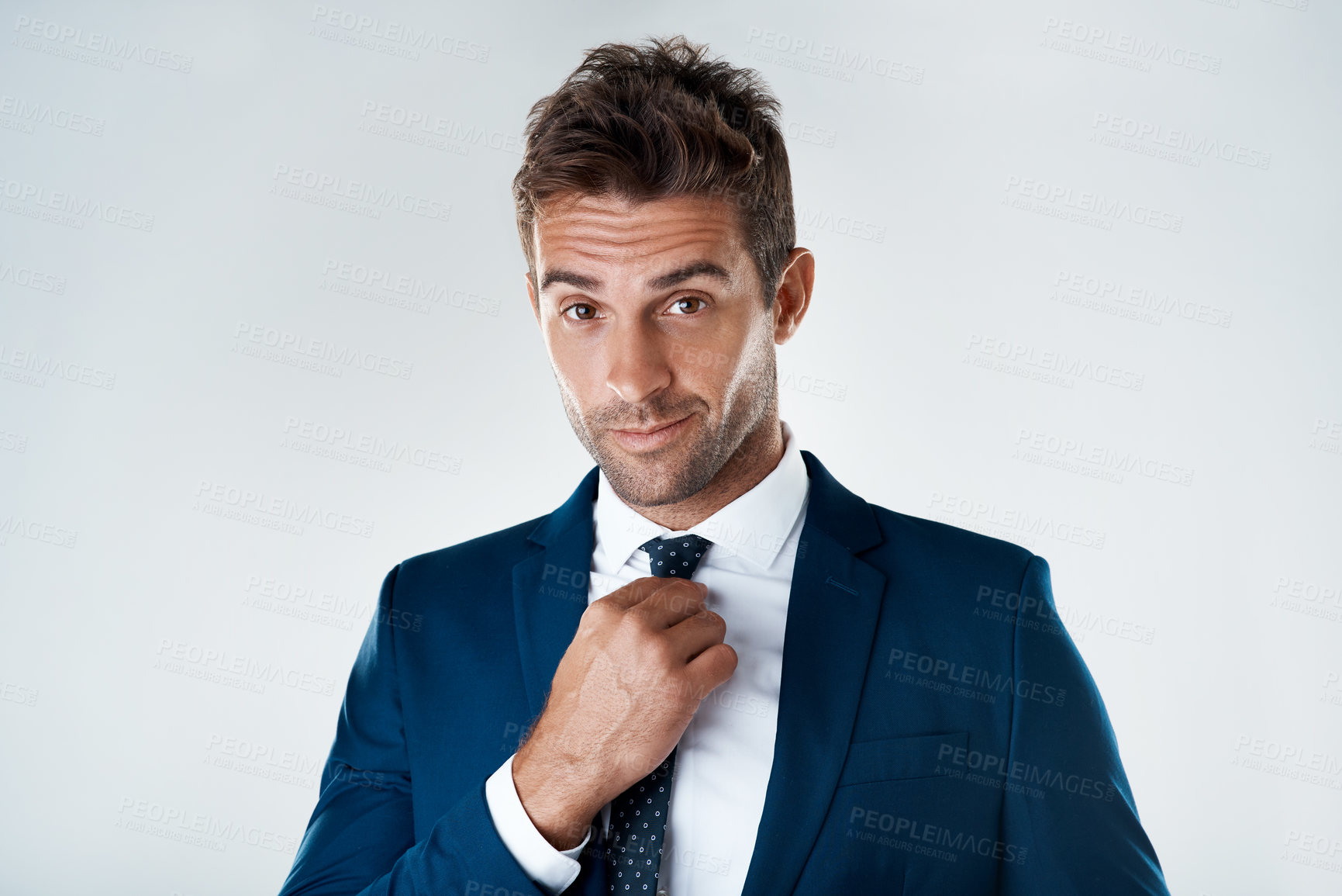 Buy stock photo Business, man and confident for portrait in studio for corporate career in hr management for employee relations. Male person, proud and white background with pride for job, professional and space.