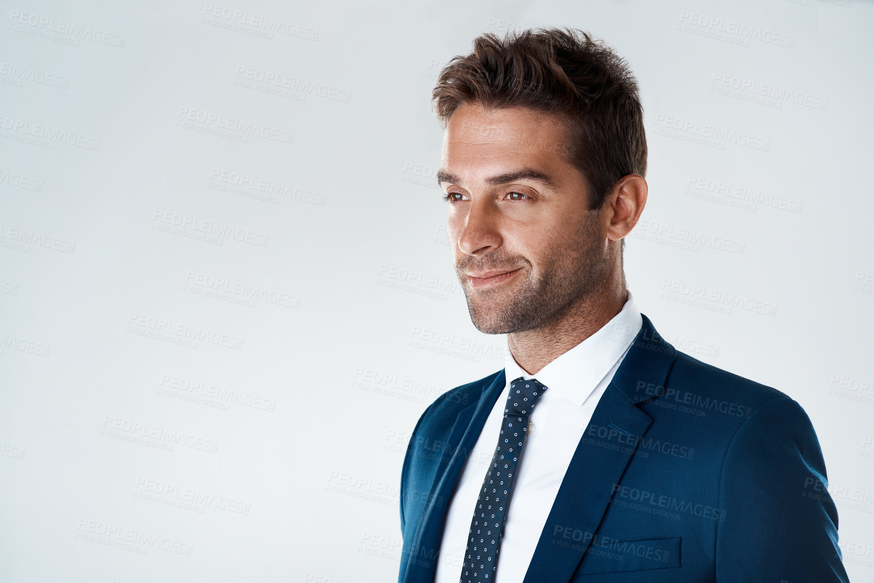 Buy stock photo Businessman, smile and thinking on studio mockup for pride, opportunity and success in legal career. Professional, corporate and face on white background space with confidence, experience and fashion