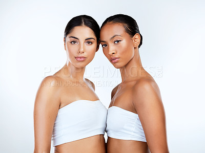 Buy stock photo Skincare, beauty and portrait of women in studio with hydration, collagen and facial treatment. Natural, glow and girls with moisturizing dermatology routine for cleansing face by white background.