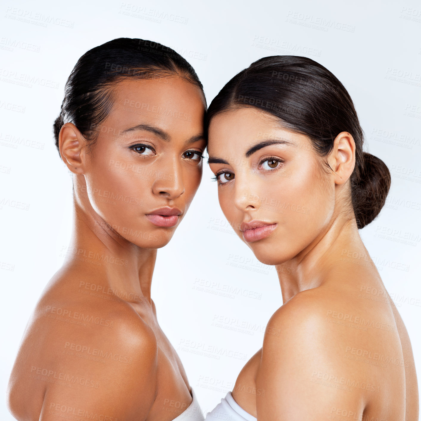 Buy stock photo Portrait, women and skincare for beauty, cosmetology or glow in dermatology or white background. Female people, forehead touch and cosmetic for antiaging, confidence and pride for aesthetic in studio