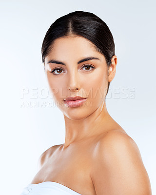 Buy stock photo Studio, skincare and portrait of woman, glow and smooth with treatment of skin, anti aging and results. Background, confident and shine of face with cosmetics, beauty and model with wellness