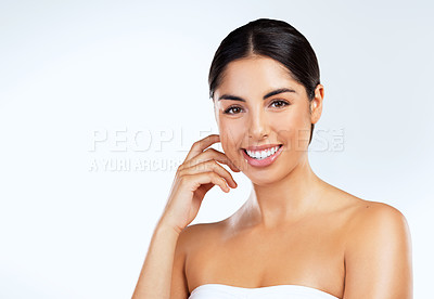 Buy stock photo Studio, skincare and portrait of woman, smooth and glow with treatment of skin, anti aging and results. White background, confident and shine of face with cosmetics, beauty and model with wellness