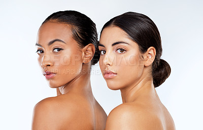 Buy stock photo Skincare, women and portrait in studio with confidence, support and natural beauty. Sisterhood, cosmetics and people on white background with clear skin, spa treatment and solidarity in identity