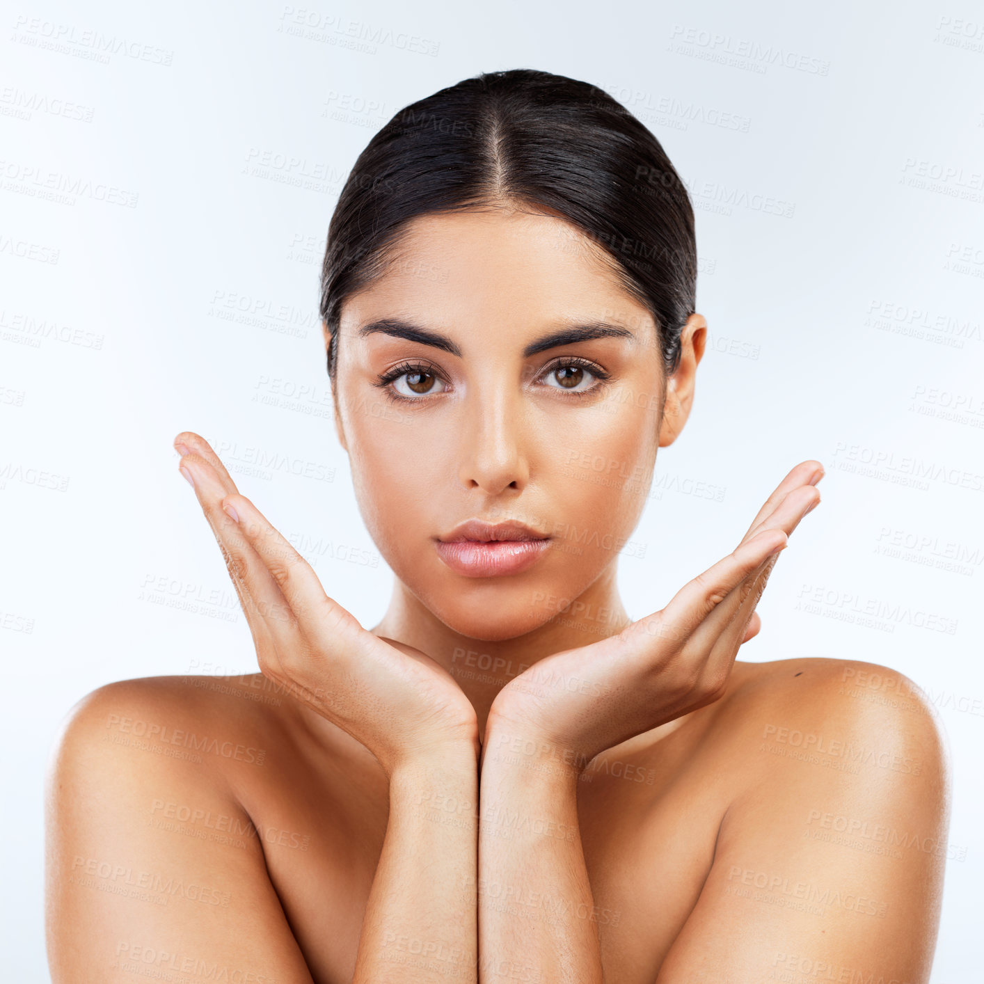 Buy stock photo Studio, skincare and portrait of woman, proud and smooth with treatment of skin, anti aging and hands. White background, confident and shine of face with cosmetics, beauty and model with frame