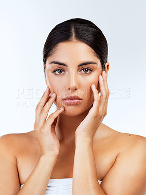 Buy stock photo Studio, skincare and glow of woman, soft and smooth with treatment of skin, anti aging and portrait. White background, confident and shine of face with cosmetics, beauty and model with wellness