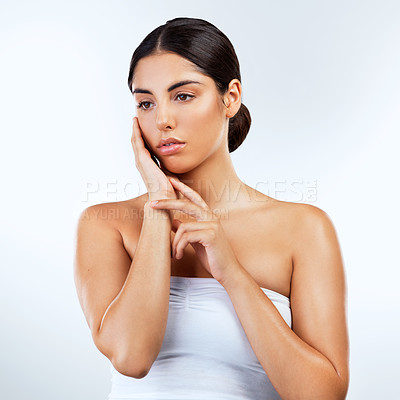 Buy stock photo Thinking, woman and skincare for beauty, cosmetics and glow, dermatology or white background. Female person, healthy skin and mindfulness for anti aging, confidence or pride for aesthetic in studio