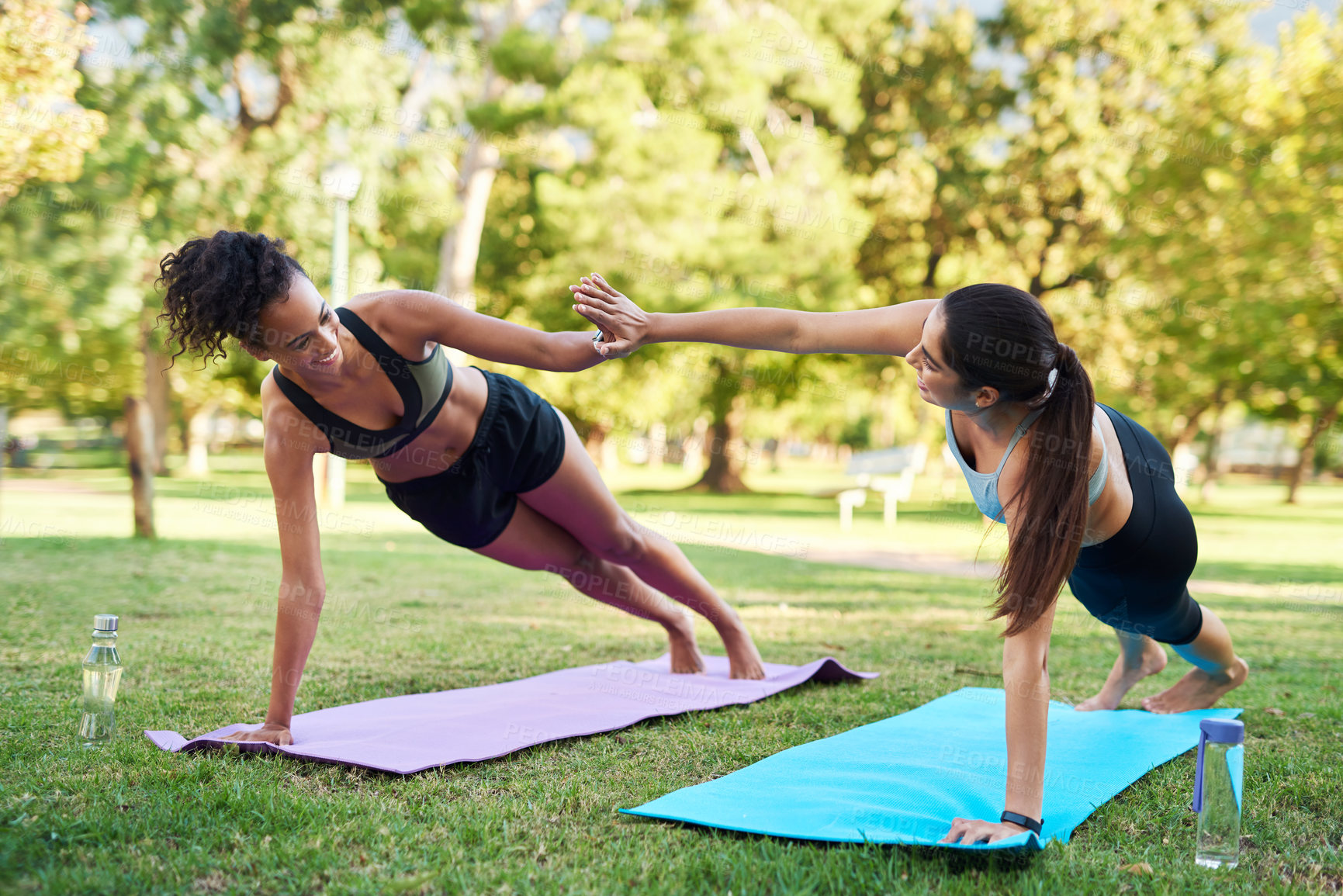 Buy stock photo Fitness, high five and push up with women in park together for outdoor motivation or success. Exercise, support and training with friends on grass for competition, physical improvement or workout