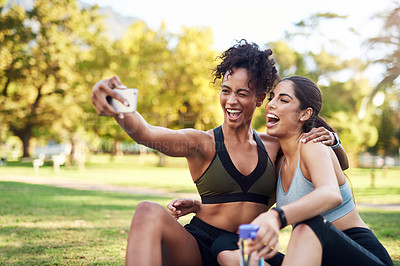 Buy stock photo Cropped shot of two attractive young women posing for a selfie while in the park during the day