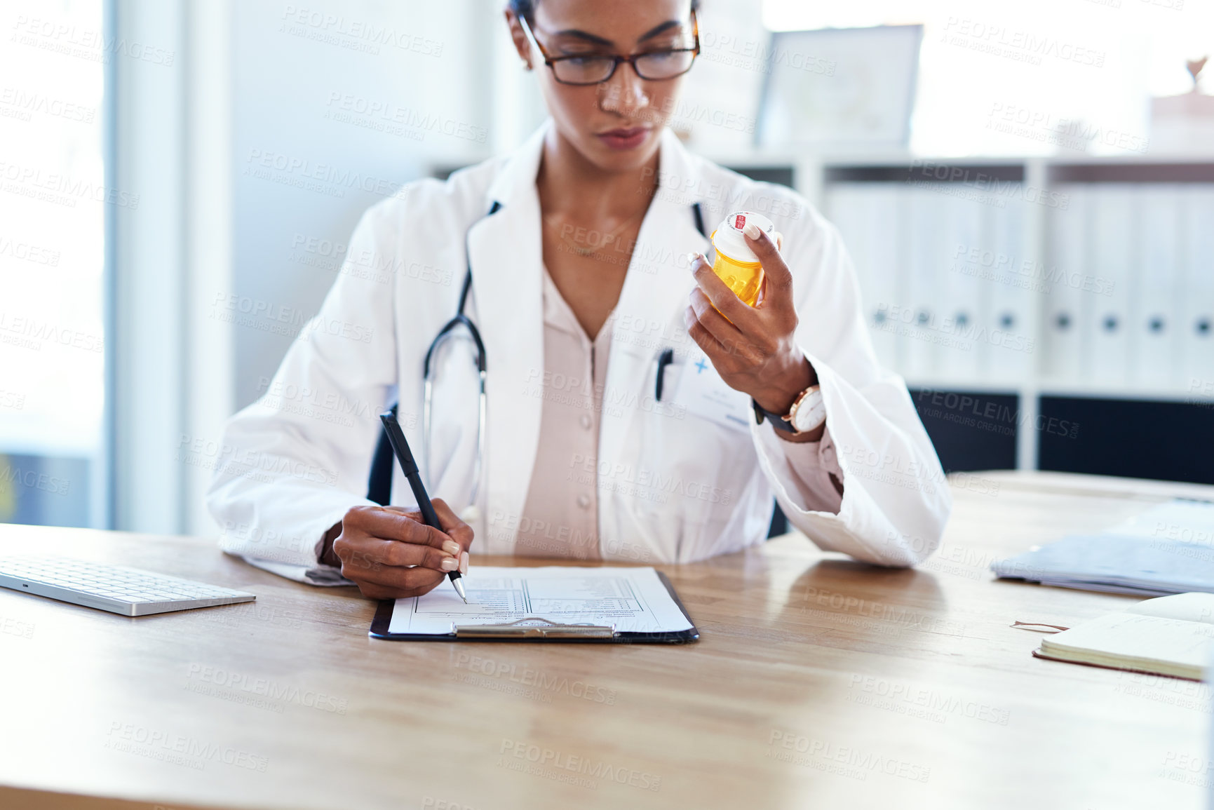 Buy stock photo Doctor, pills and woman with documents, prescription or healthcare with allergy note, review sample or info. Writing, medical or professional with tablets, feedback for testing or insurance paperwork