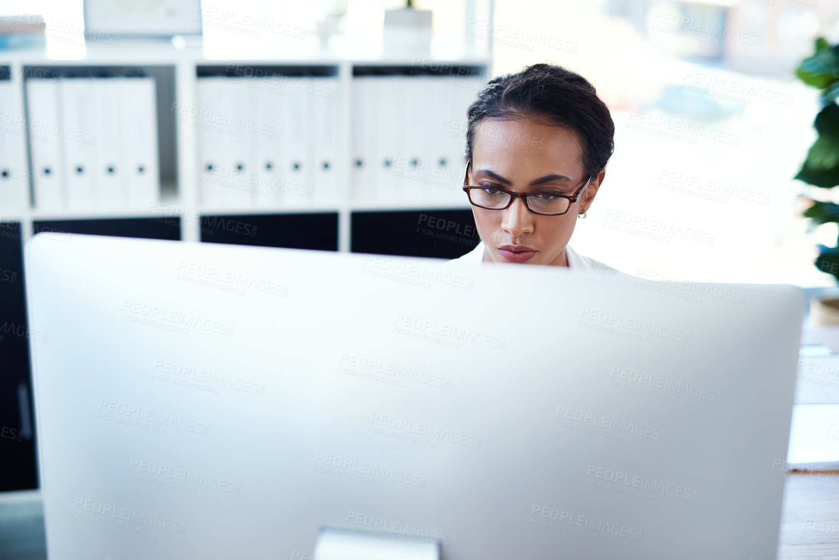 Buy stock photo Computer, business woman and accountant in office for financial report, finances and bookkeeping. Online research, article or professional consultant for tax audit, proposal or finance management