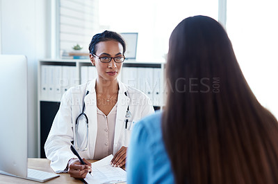 Buy stock photo Healthcare, documents and doctor with patient for consulting, medical service and diagnosis in clinic. Hospital, cardiology and person with woman with file for checklist, results and health insurance