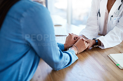 Buy stock photo Holding hands, bad news or doctor with sick patient for support, medical diagnosis or infertility in clinic. Empathy, consulting or nurse with woman for sympathy, gynaecology results or healthcare