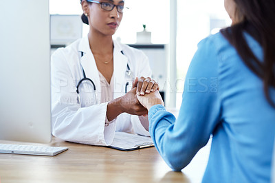 Buy stock photo Holding hands, infertility or doctor with woman for support, medical diagnosis or bad news in clinic. Empathy, consulting or nurse with sick patient for sympathy, gynecology results or healthcare